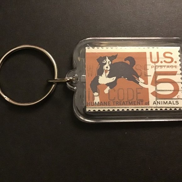 Humane Animals Keychain - Upcycled Recycled Postage Stamp Key Chain - Picture 1 of 9